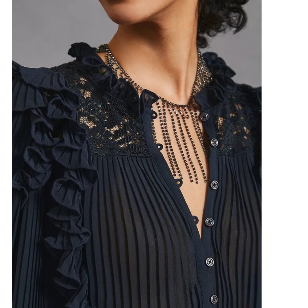 ANTHROPOLOGIE Pleated Ruffled Blouse Black Size XS - Picture 6 of 15